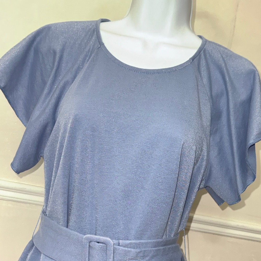 On Twelfth Blue Shimmer Flutter Sleeve Belted Mini Dress Womens Small S 1257521